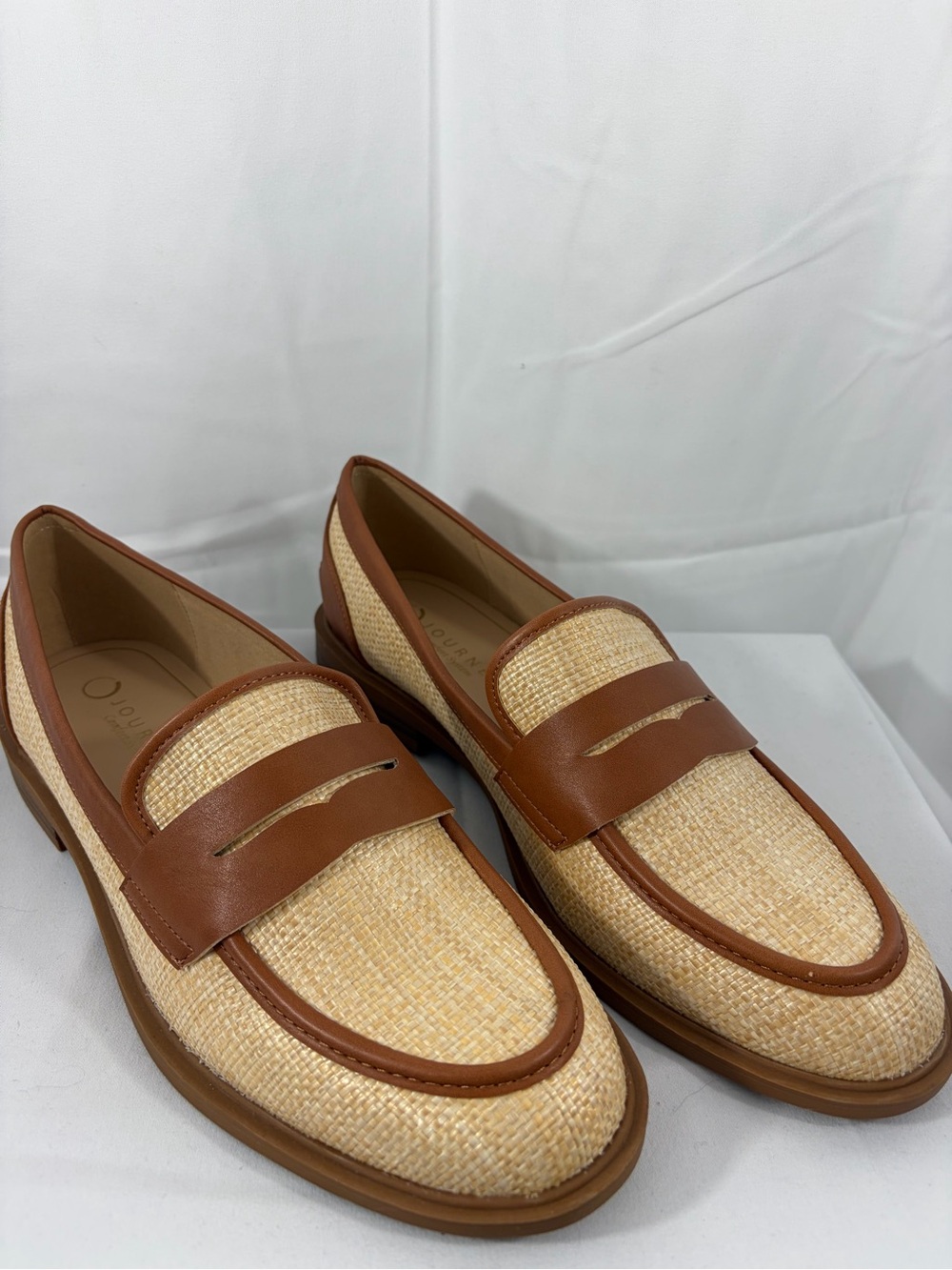 Journee Collection Tan and Cream Woven Penny Loafers
